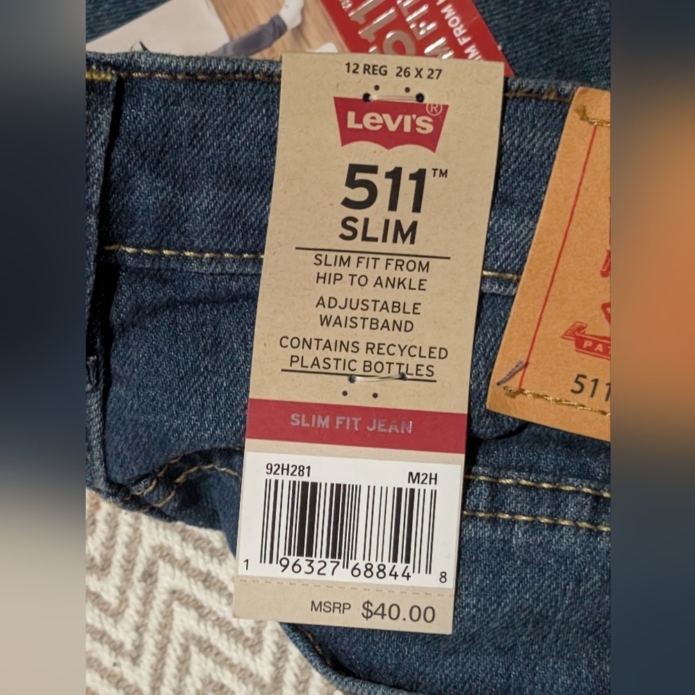 Levi's Kids Slim Fit Jeans - Dark Blue Levi's 511 Adjustable Waist Band Size 12 - Picture 6 of 7